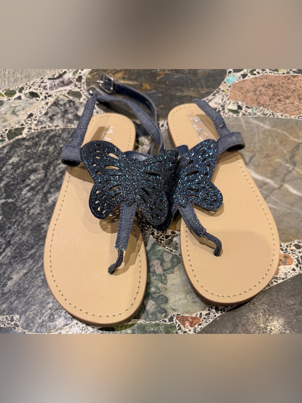 Glitter Butterfly T-Strap Sandals in Navy